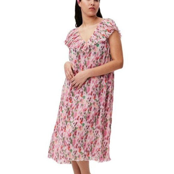 Ganni NWT Sz EU 42 L Pink Floral Pleated Georgette Midi Dress Ruffle‎ Cocktail - Picture 1 of 16